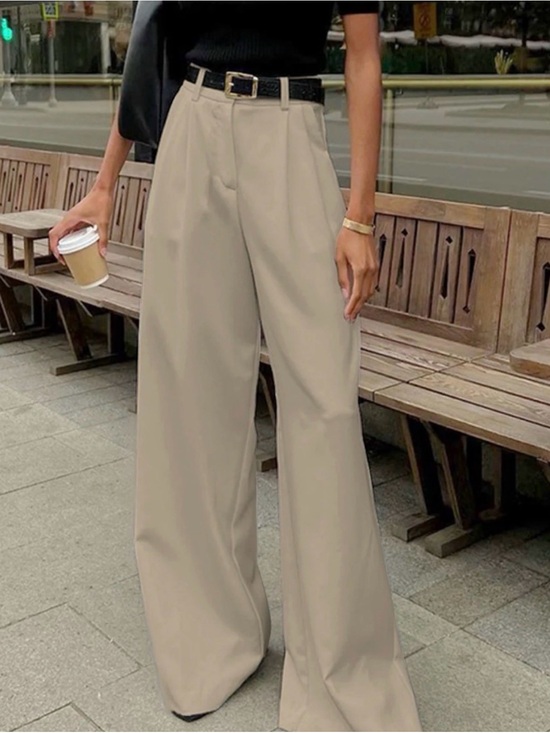 Commense Pants - Commense Wide Leg High-Rise Trousers in Beige